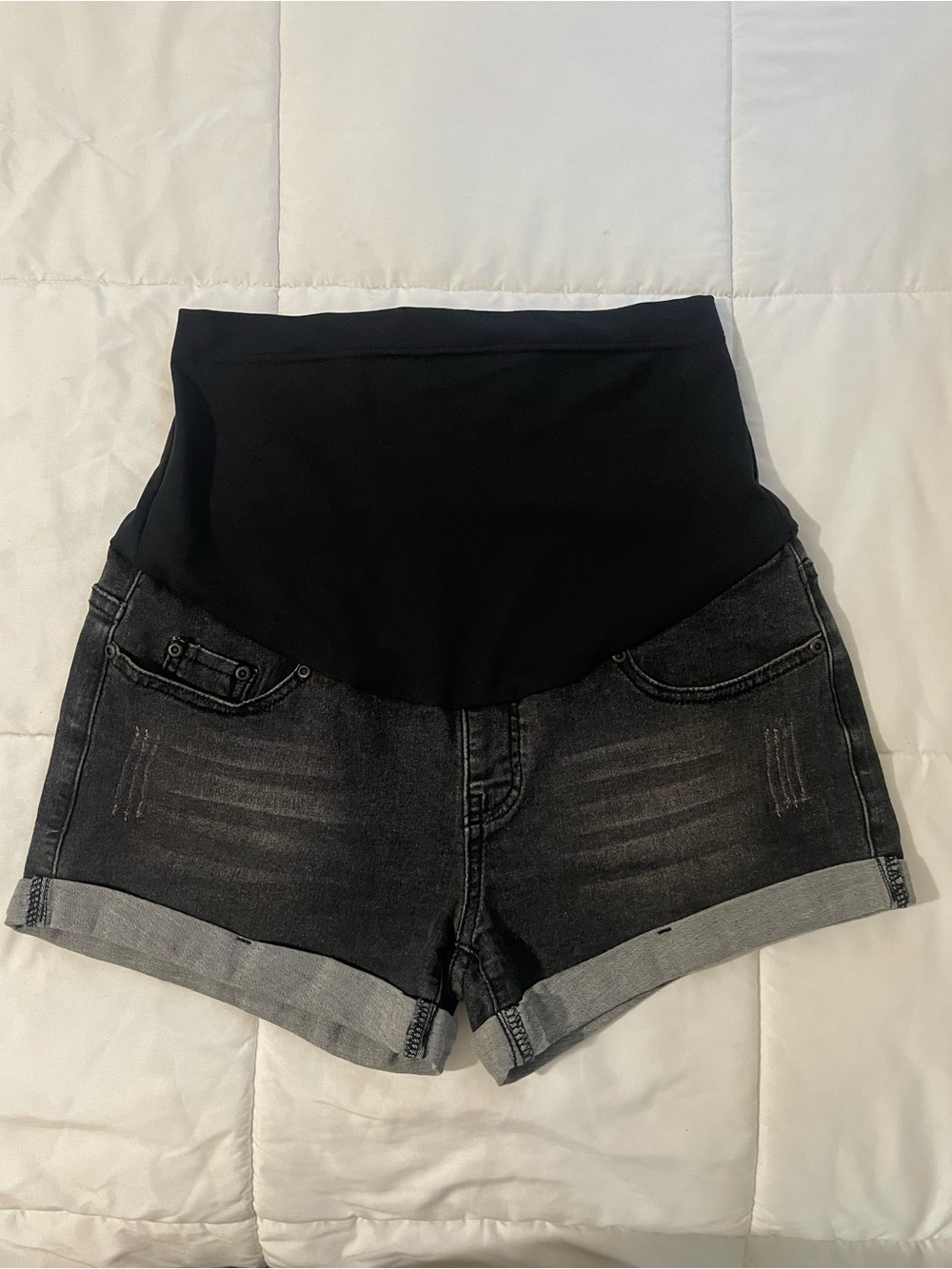 Maternity Black Wash Denim Shorts with Stretch Panel